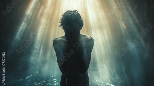 Person with hands on face standing in rays of light