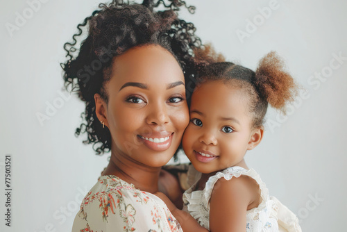 A heartwarming portrait of a mother and her young daughter sharing a loving embrace. Mother`s Day concept. photo