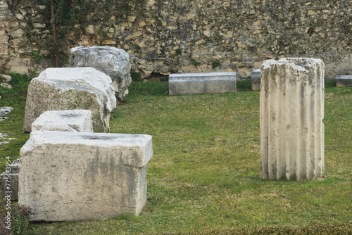 Ruins of ancient Roman columns. Detail of the Roman forum in Brescia, Italy