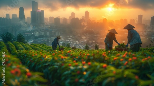 Farmers Tending to Crops in a Fertile Field with Soft Sunrise The gentle blur of workers and land suggests the timeless rhythm of agriculture. Urban Skyline Overlooking Bustling Financial District