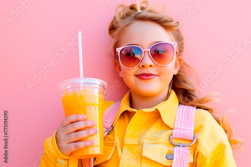 Plump girl with soda in a plastic glass on a pink background, problem of excess weight in children, unhealthy diet, portrait, summer, holiday, indoors, copy space
 photo