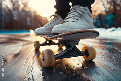 Urban skateboarding at sunset on wet asphalt