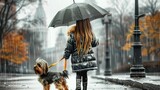 without watermark caption take a cute photo of a little girl walking her cute yorkie dog on a rainy day