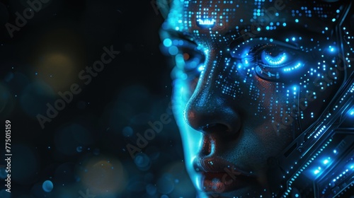 Abstract digital portrait with glowing blue eyes and lighting effects, perfect for technology or science themes