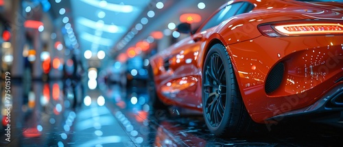 High-End Car Dealership with Sleek Models in Soft Lighting The blurred edges of luxury vehicles hint at speed © Interior Stock Photo