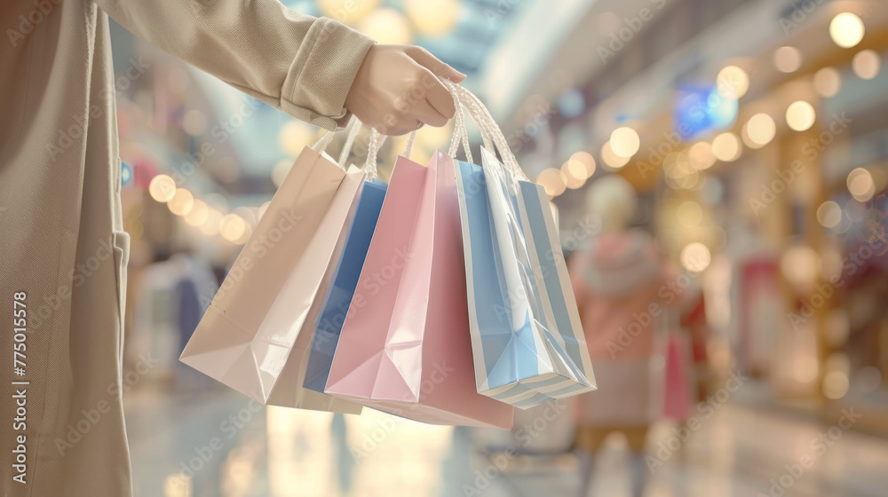 Shopping bags filled with purchases are carried by a person in a lively shopping mall with a warm, blurred light background.
