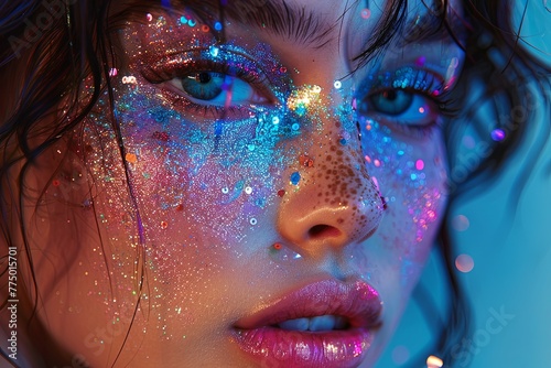 A vibrant half-body shot of a model sporting festival makeup. 