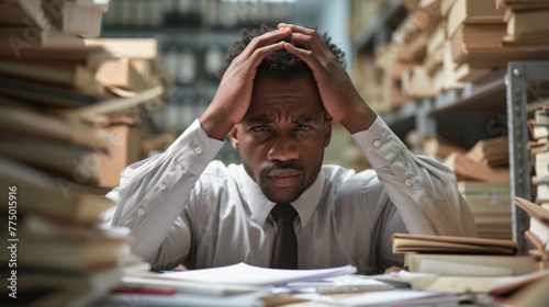 A man with a frustrated expression is holding his head in his hands, surrounded by stacks of paperwork in an office setting.