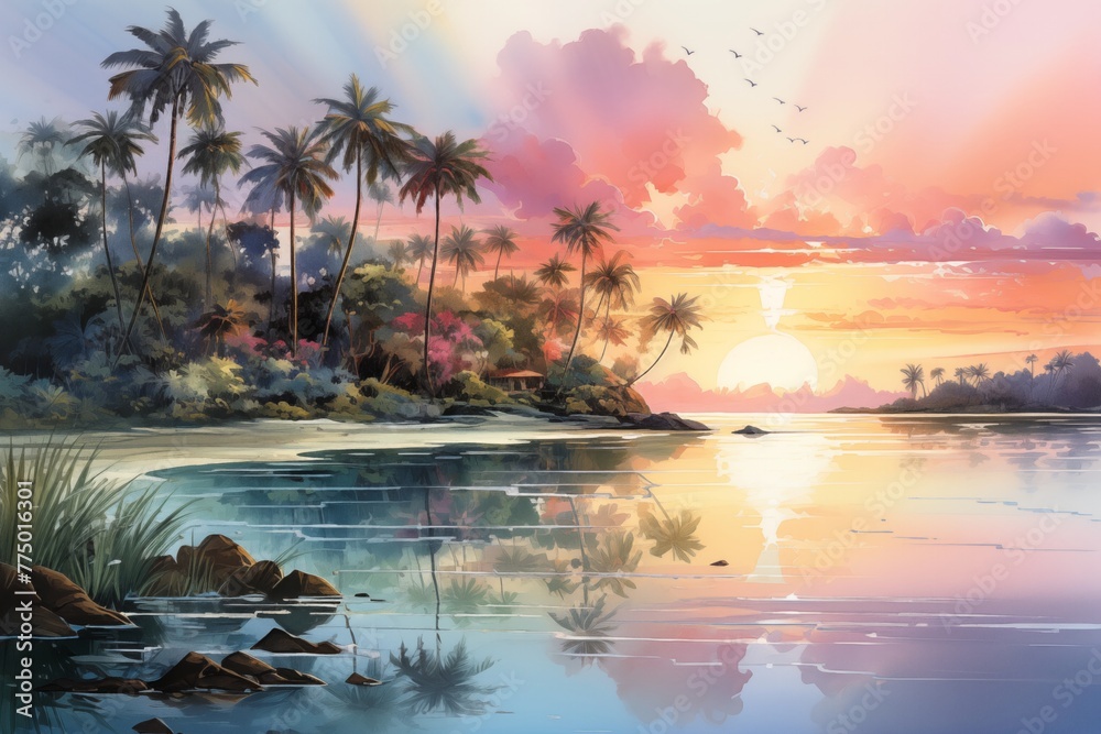 Digital illustration of a tranquil tropical sunset with vibrant skies and reflective water
