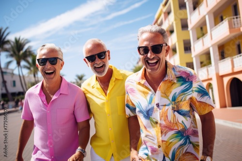 Three stylish bright men are walking around the city smiling