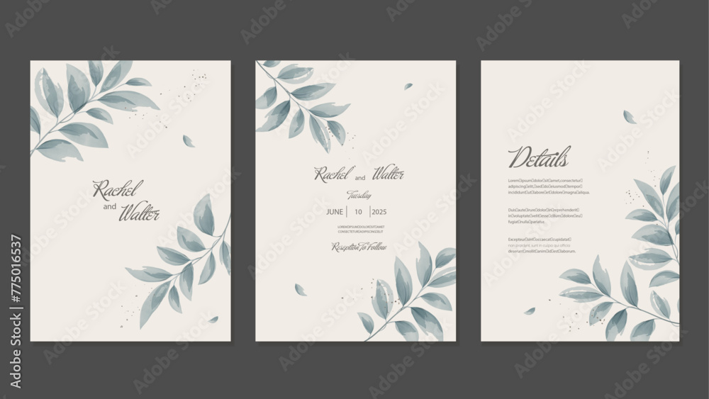 Wedding Invitation Set with Menu with Watercolor Beautiful Blue Leaves. Vector Templates