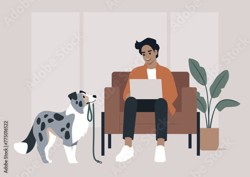 During a crucial business call, the character's merle border collie persistently tries to grab their attention by bringing a leash, hinting at a longing for a walk outside