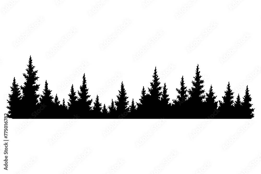 Obraz premium Fir trees silhouette. Coniferous spruce horizontal background pattern, black evergreen woods illustration. Beautiful hand drawn panorama of coniferous forest