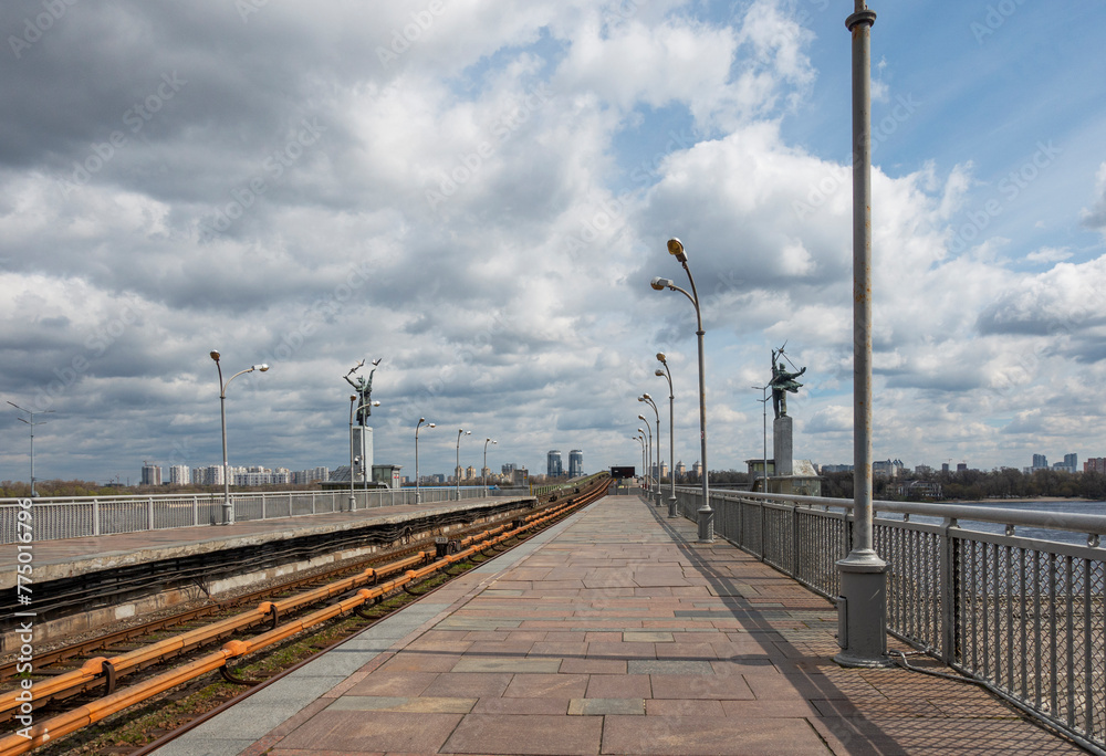 View of the Metro Bridge. Dnepr metro station in Kyiv on a spring day