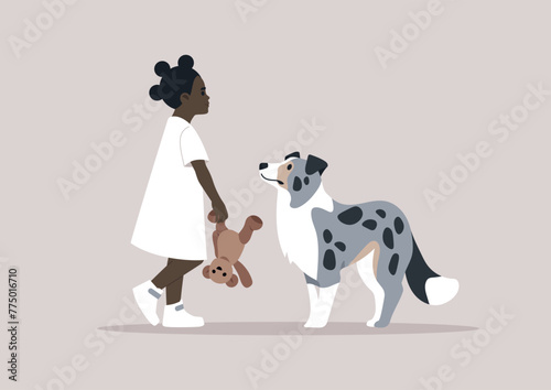 Little Girls Afternoon Walk With Her blue marble border collie dog and Teddy Bear, A young kid strolls with her loyal pup, holding a toy, sharing a moment of innocent playtime