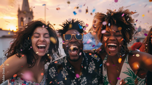 A group of exuberant individuals is tossing confetti and laughing on a rooftop at sunset.