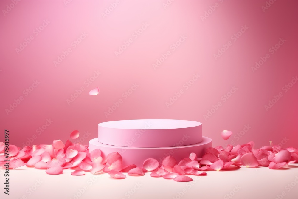 Minimalist pink podium for product display with rose petals gently falling on a soft backdrop. Elegant Pink Podium with Falling Petals Background Minimalist pink podium for product display with rose petals gently falling on a soft backdrop. Elegant Pink Podium with Falling Petals Background