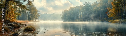 Quiet Morning at a Lakeside Fishing Spot with Mist Rising Off the Water