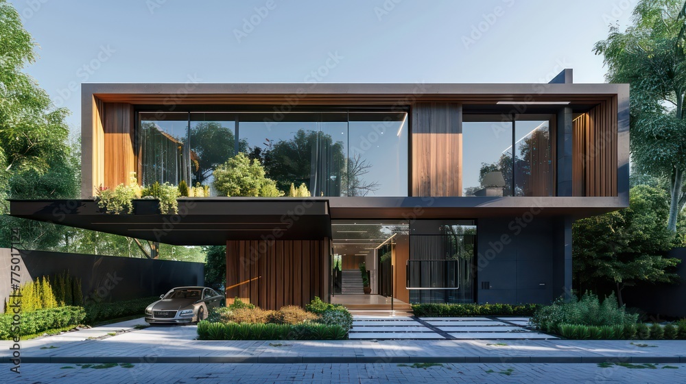 Modern two-story house with wooden cladding and bright metal accents, with the backdrop of trees in summer. The front facade features large windows overlooking an open courtyard with bushes.