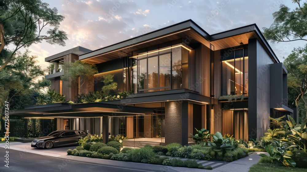 Modern two-story house with wooden cladding and bright metal accents, with the backdrop of trees in summer. The front facade features large windows overlooking an open courtyard with bushes. Modern two-story house with wooden cladding and bright metal accents, with the backdrop of trees in summer. The front facade features large windows overlooking an open courtyard with bushes.