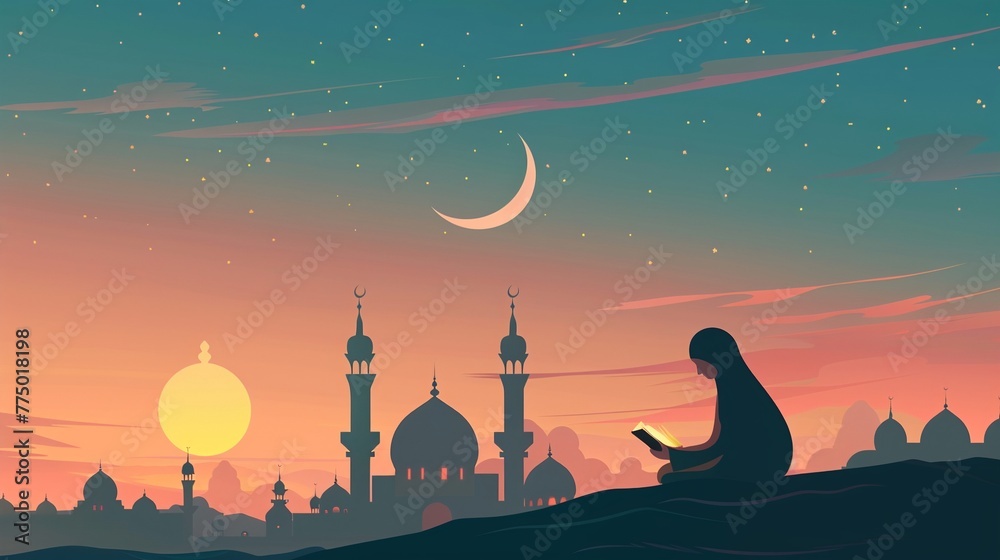 Prayer and Reflection Illustrate vector scenes of individuals engaged in prayer, reflection, and spiritual practices associated with Ramadan, such as reading the Quran or performing Prayer and Reflection Illustrate vector scenes of individuals engaged in prayer, reflection, and spiritual practices associated with Ramadan, such as reading the Quran or performing