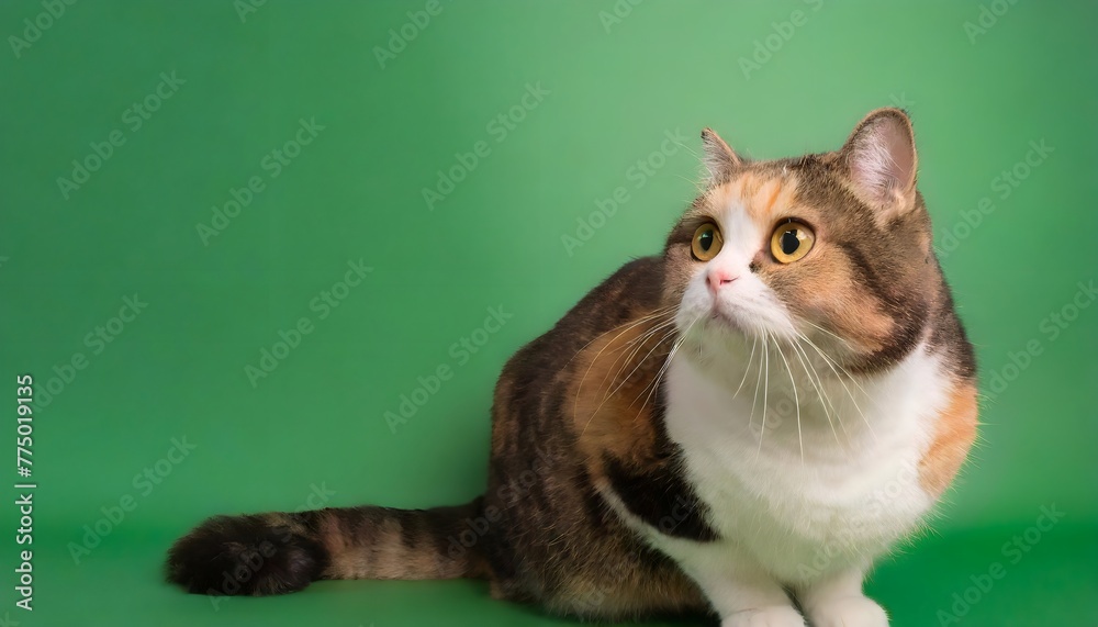 A cat sitting on a green surface looking up