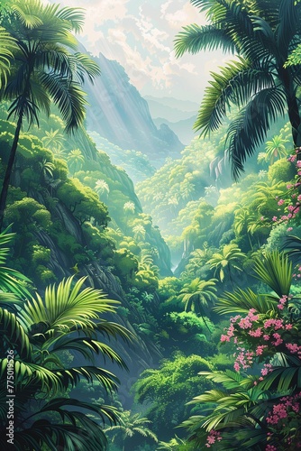 Lush Malaysian jungle teeming with exotic flora and fauna  depicted in a vibrant vector illustration style reminiscent of film animation. Perfect for posters or movie illustrations.