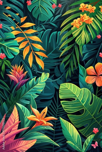 Lush Malaysian jungle teeming with exotic flora and fauna, depicted in a vibrant vector illustration style reminiscent of film animation. Perfect for posters or movie illustrations.