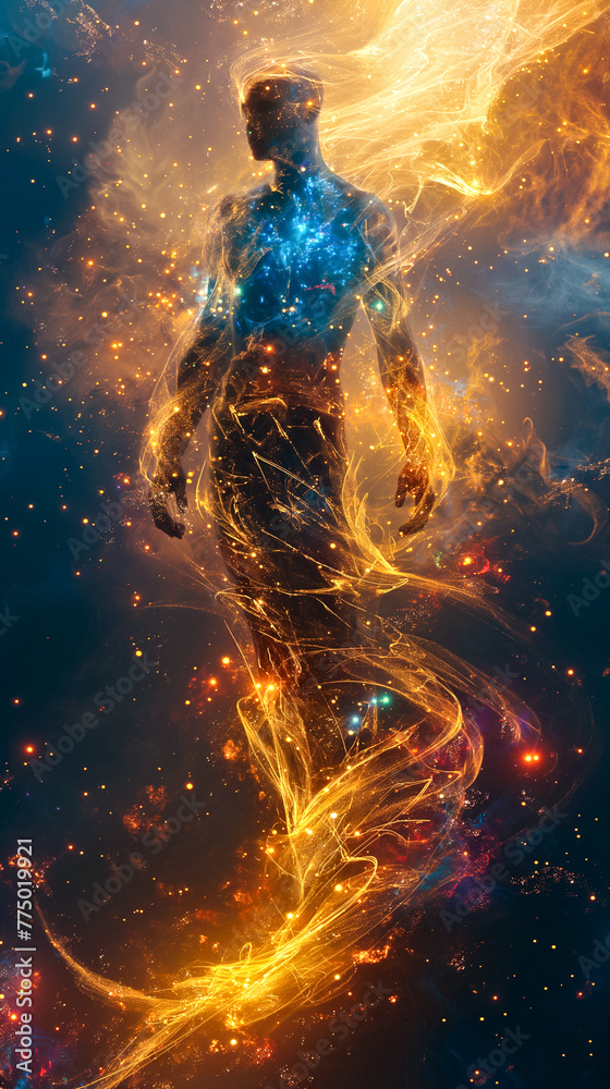 A human silhouette shimmers against a cosmic backdrop, embodying the universe's energy in a surreal blend of stars and light