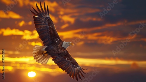 Majestic bald eagle soaring in photorealistic style against dramatic clouds and vibrant sunset