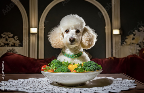 Joli portrait amusant d'un caniche blanc, l 'air triste dans un restaurant, face à une assiette remplie de légumes. Concept de régime alimentaire, végétarien, diète © remi