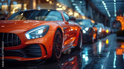 High-End Car Dealership with Sleek Models in Soft Lighting The blurred edges of luxury vehicles hint at speed © Interior Stock Photo