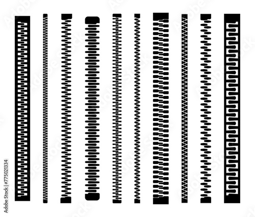 Closed and open zipper. Set of different lightnings. Zip pulls or zipper pullers, black zip lock stock collection isolated on white background. Vector illustration