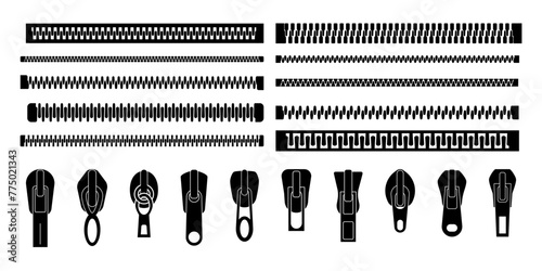 Closed and open zipper. Set of different lightnings. Zip pulls or zipper pullers, black zip lock stock collection isolated on white background. Vector illustration