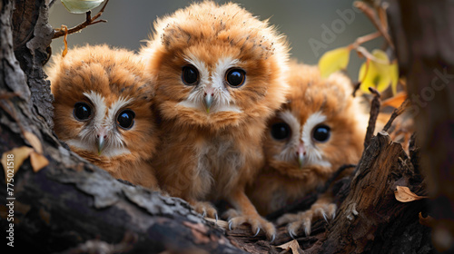 A charming family of owlets nestled together in a cozy tree hollow, their fluffy bodies blending into the bark.