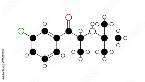bupropion molecule, structural chemical formula, ball-and-stick model, isolated image atypical antidepressant photo