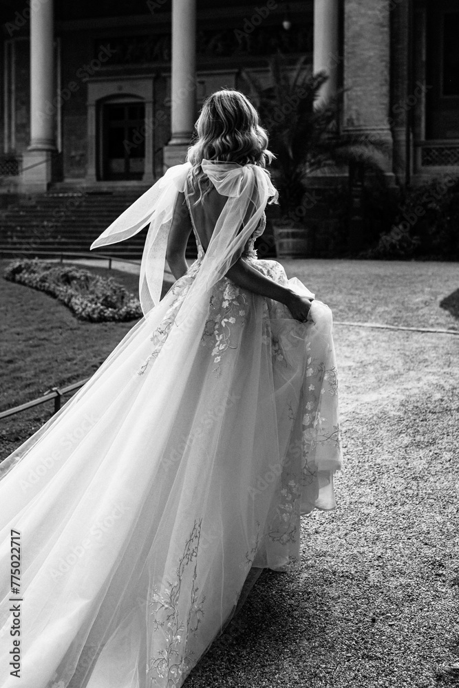Back view of a bride wearing an elegant white wedding dress walking outdoors Back view of a bride wearing an elegant white wedding dress walking outdoors