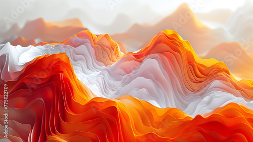 Arrière-plan contemporain en 3D avec reliefs et courbes, tons blanc et orange, effets strates géologiques, relief de montagne et paysage abstrait
