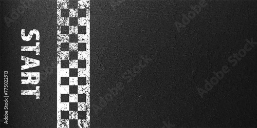 Asphalt road with white start line marking, concrete highway surface, texture. Street traffic lane, road dividing strip. Pattern with grainy structure, grunge stone background. Vector illustration