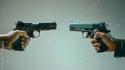 Two hands holding pistols in a standoff against a neutral background. Concept of arms race and conflict.
