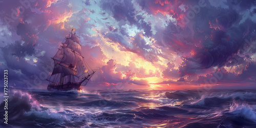 Digital painting of sailboat through a captivating cloudscape, with the sun setting over tumultuous waves, reflecting a dance of colors in the sky.