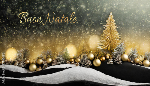 biglietto o striscione per augurare un Buon Natale in oro rappresentato da una collina innevata con abeti, palline di Natale oro e bianche e sullo sfondo un cielo nero e oro con glitter photo
