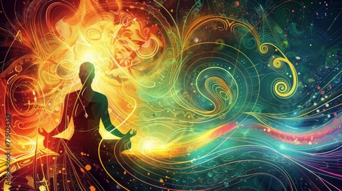 Meditative Pose with Radiant Abstract Energy Patterns photo