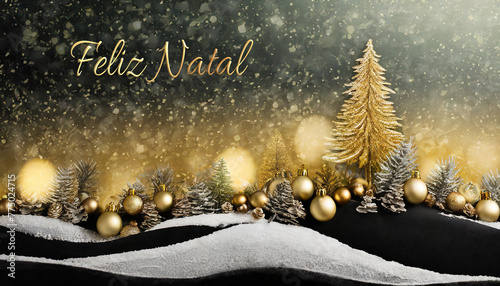 cartão ou banner para desejar um Feliz Natal em ouro representado por uma colina nevada com abetos, bolas de Natal douradas e brancas e ao fundo um céu preto e dourado com glitter photo
