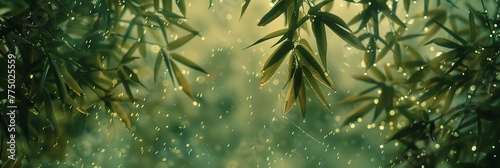 wallpaper bamboo leafs with dew fresh green aspect ratio 3:1 photo