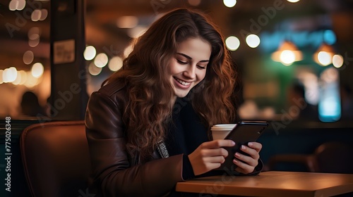  A young woman is sitting in a cafe, smiling and looking at her