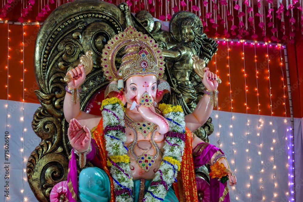 Closeup of a Ganesha statue during Indian Ganesh Chaturthi festival in Mumbai, India