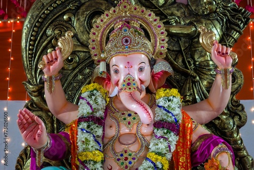 Closeup of a Ganesha statue during Indian Ganesh Chaturthi festival in Mumbai, India