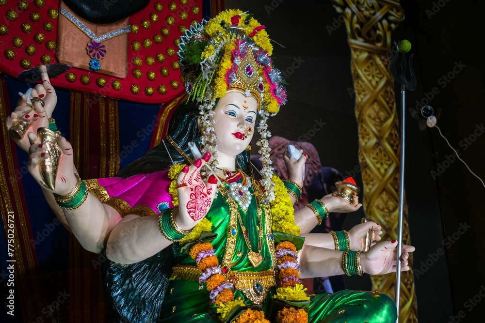 Idol of Maa Durga being worshipped at a Mandal in Mumbai, India, for Navratri