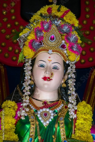 Vertical shot of the idol of Maa Durga being worshipped at a Mandal in Mumbai, India, for Navratri